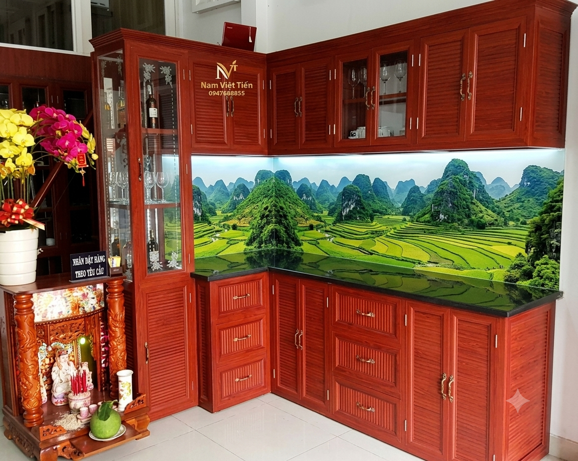Tủ bếp nhôm kính hiện đại kết hợp đảo bếp