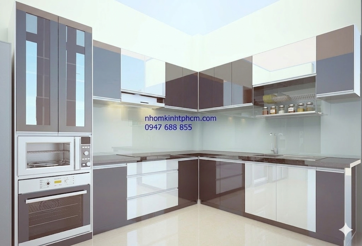 Mẫu tủ bếp nhôm kính sang trọng cho biệt thự