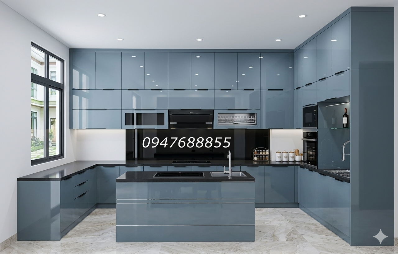 Mẫu tủ bếp nhôm kính chữ U cho không gian rộng
