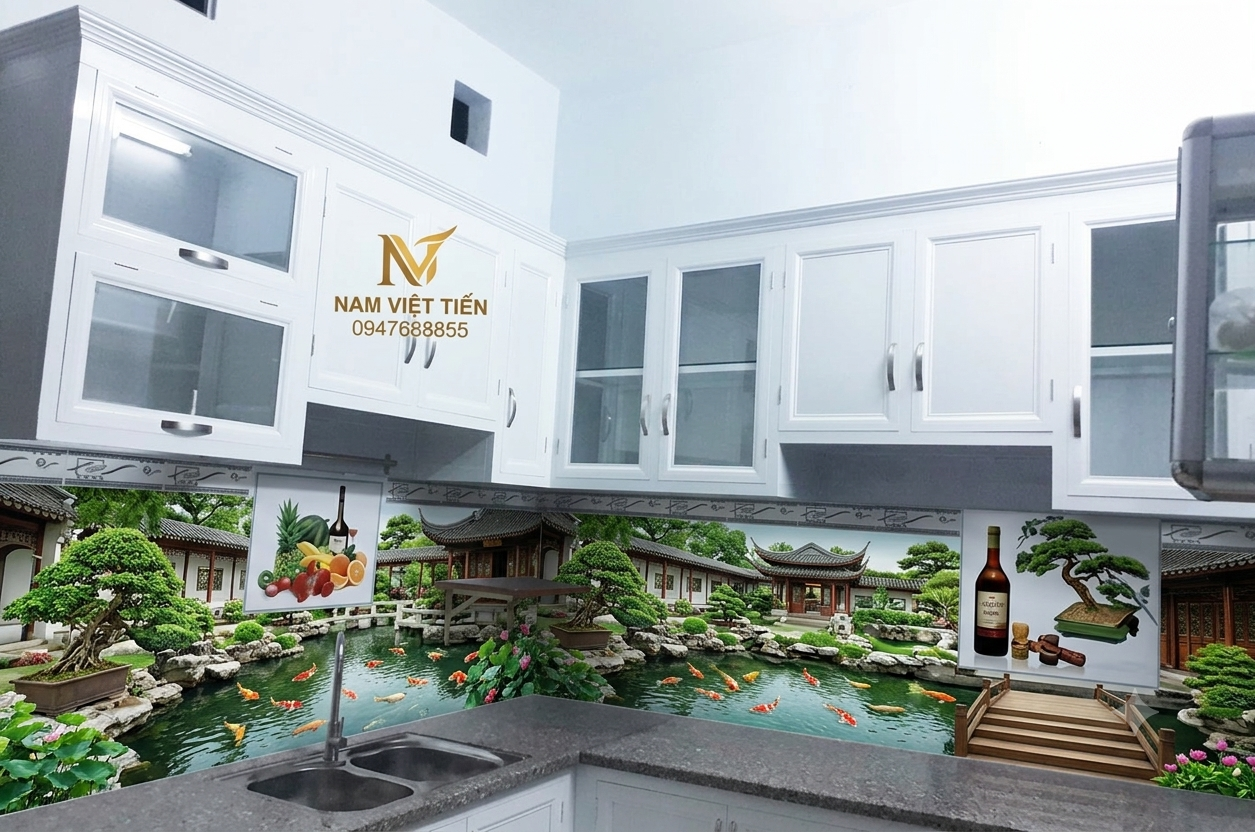 Mẫu tủ bếp nhôm kính màu trắng tinh tế và hiện đại