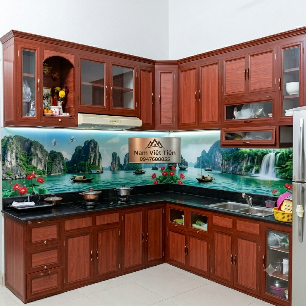 Thi công tủ bếp nhôm giả gỗ TPHCM
