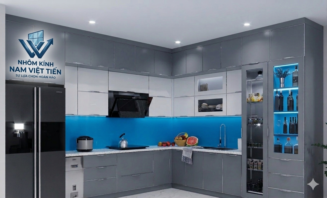 Mẫu tủ bếp nhôm kính cao cấp nhiều ngăn lưu trữ