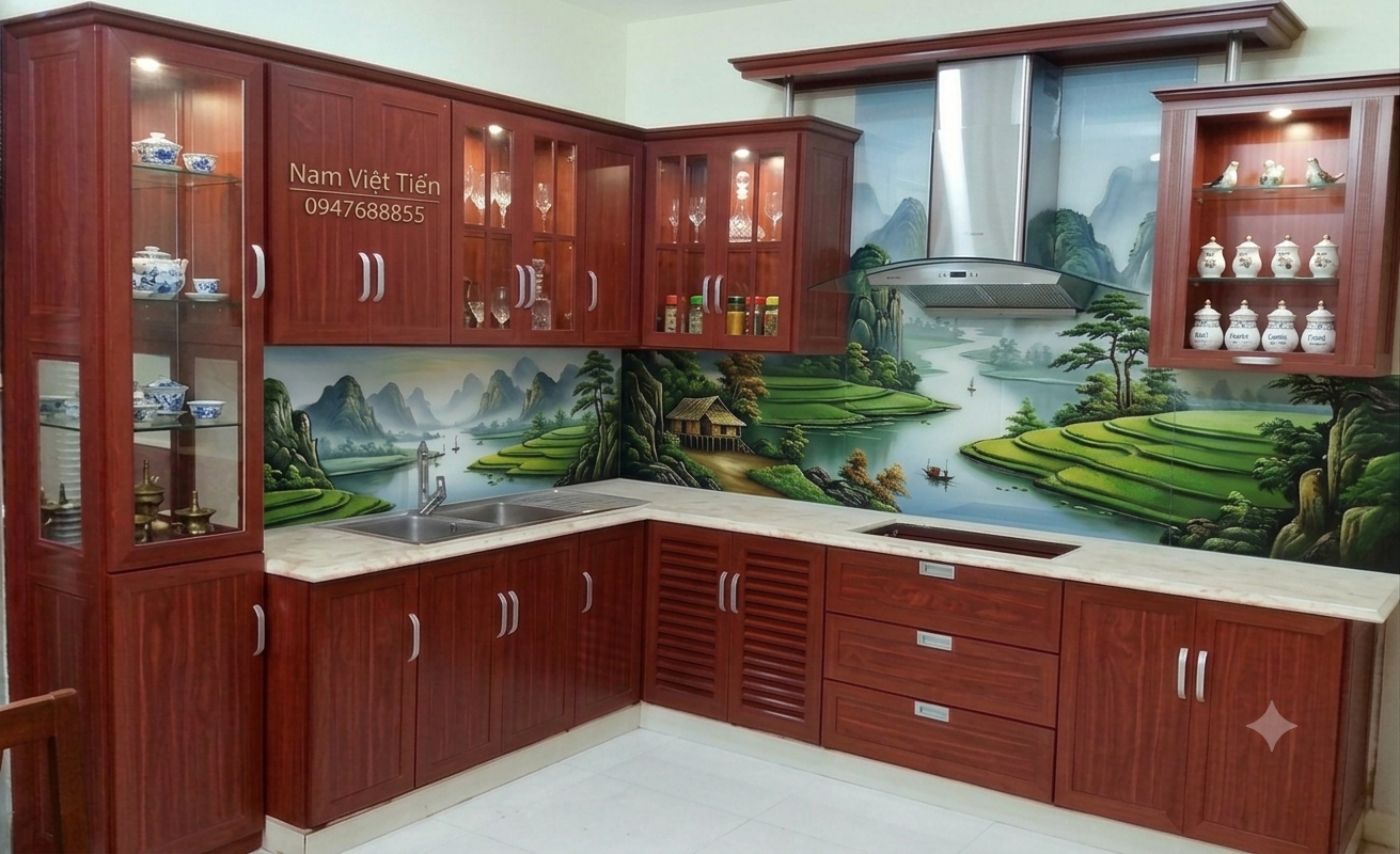 Tủ bếp nhôm kính vân gỗ đẹp được ưa chuộng