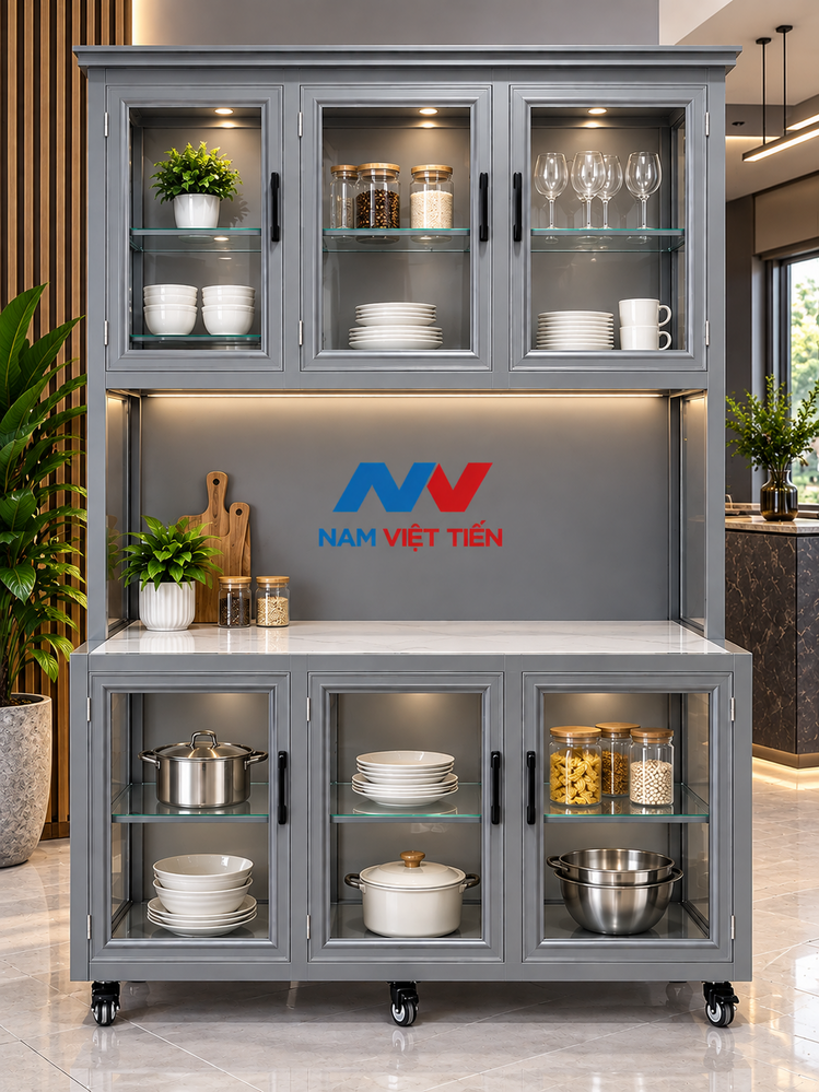 Tủ Bếp Nhôm Xingfa 4 Tủ bếp nhôm kính di động màu xám nhìn từ mặt trước