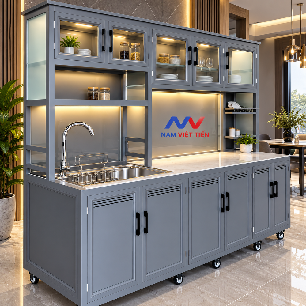 Tủ Bếp Nhôm Xingfa 5 Tủ bếp nhôm di động đa năng có bồn rửa và bánh xe di chuyển