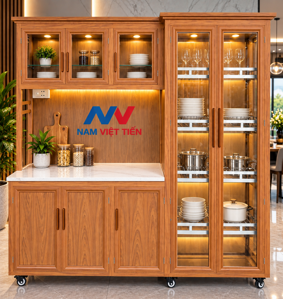 Tủ Bếp Nhôm Xingfa 6 Cấu tạo tủ bếp nhôm kính di động vân gỗ với mặt đá đen