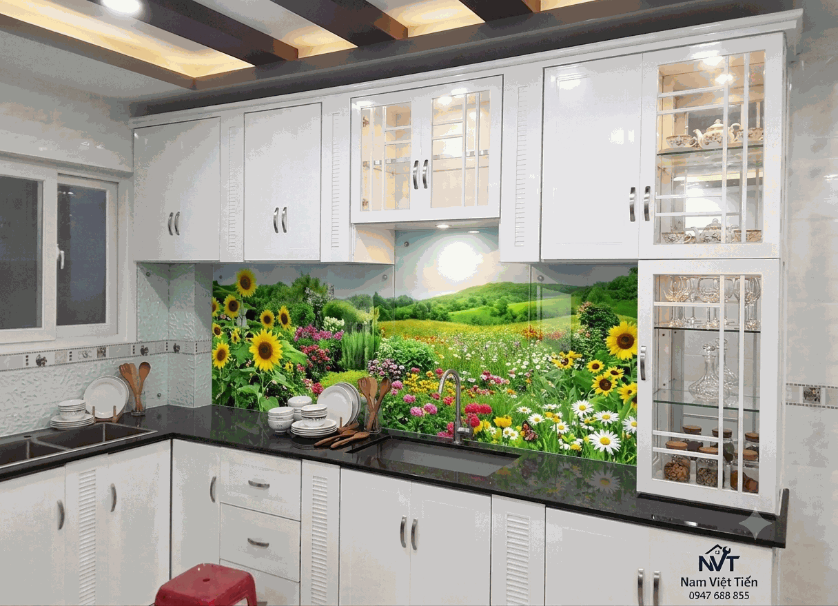 Tủ bếp nhôm kính sáng màu Bộ tủ bếp nhôm kính
