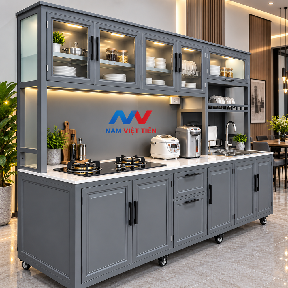 Tủ Bếp Nhôm Xingfa 9 Tủ bếp nhôm di động đa năng tích hợp bếp gas và bồn rửa