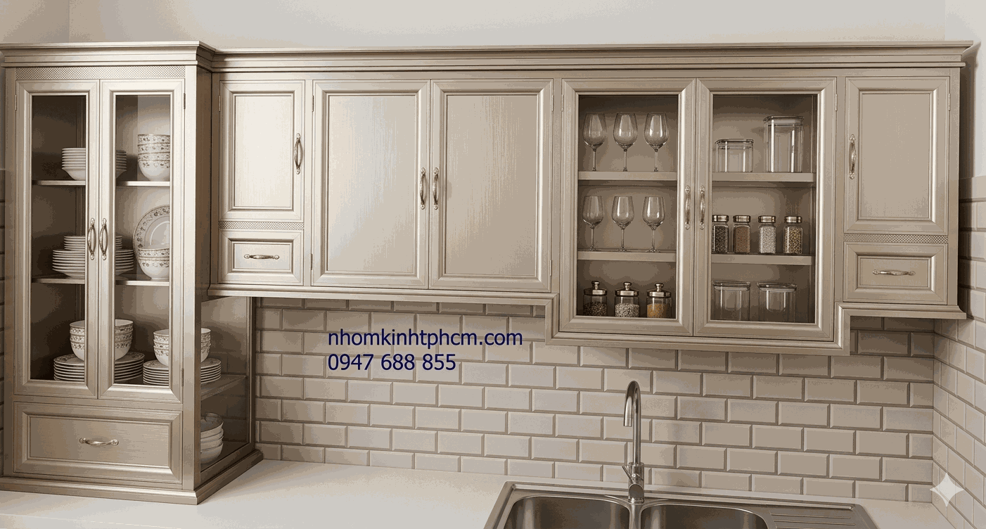 Tủ bếp nhôm kính gia đình Tủ bếp nhôm kính bền đẹp
