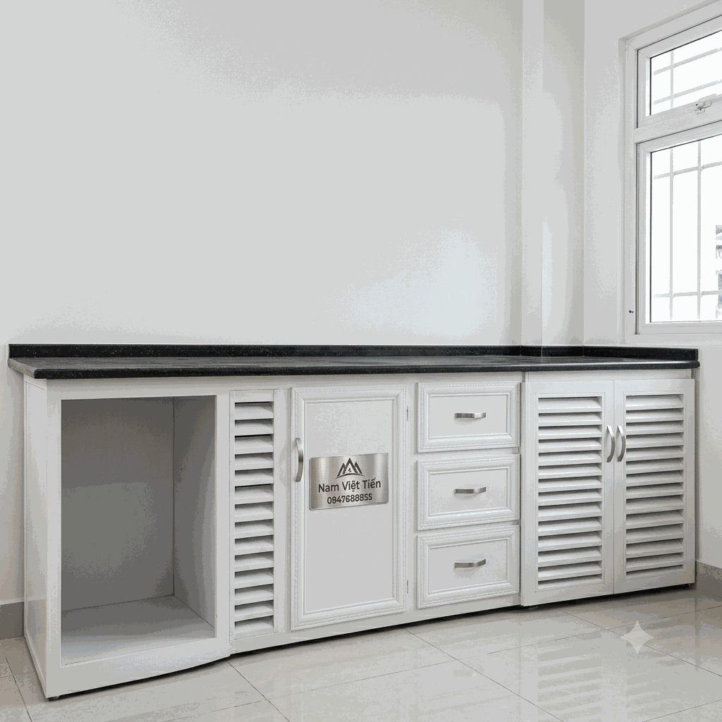 Tủ bếp kính cường lực Tủ bếp nhôm kính kiểu dáng tham khảo trong không gian bếp thực tế