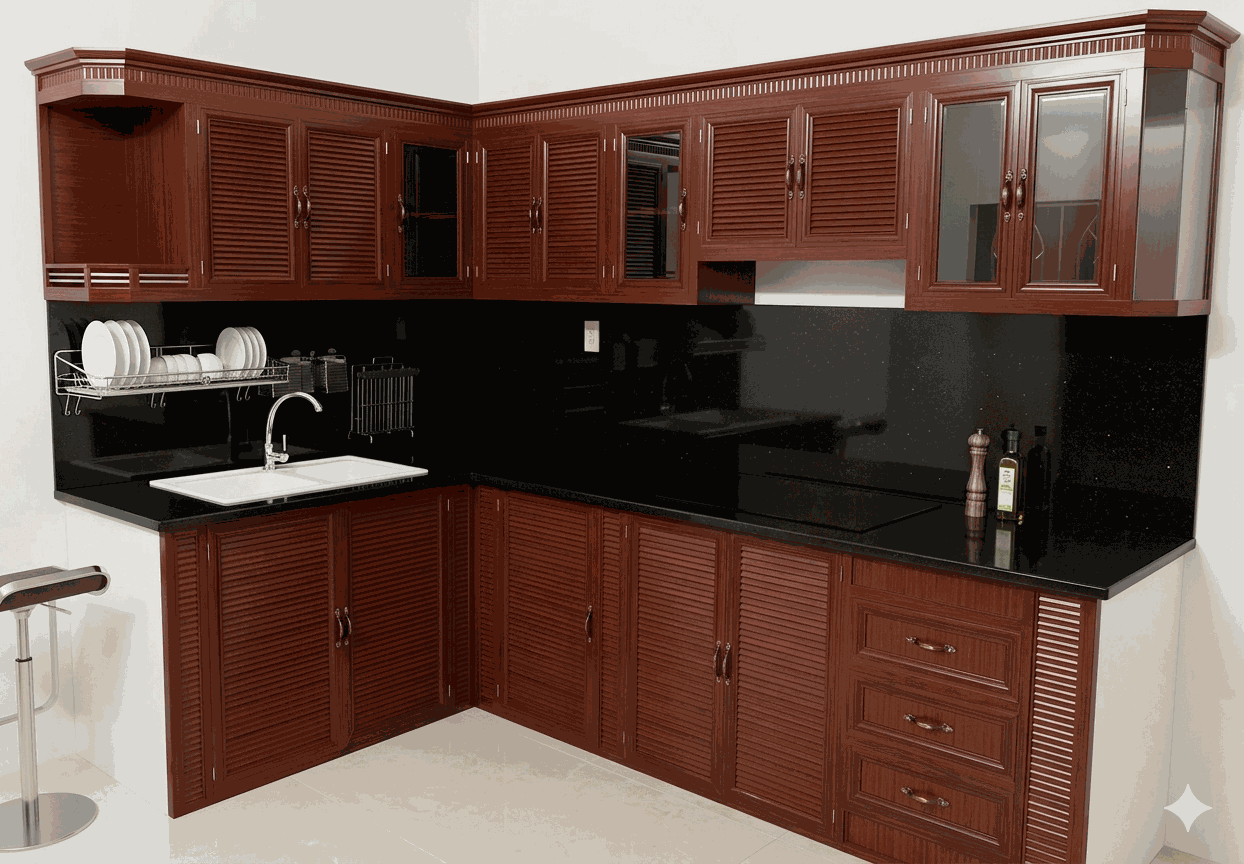 Tủ bếp nhôm kính chữ L Không gian bếp nhôm kính đẹp