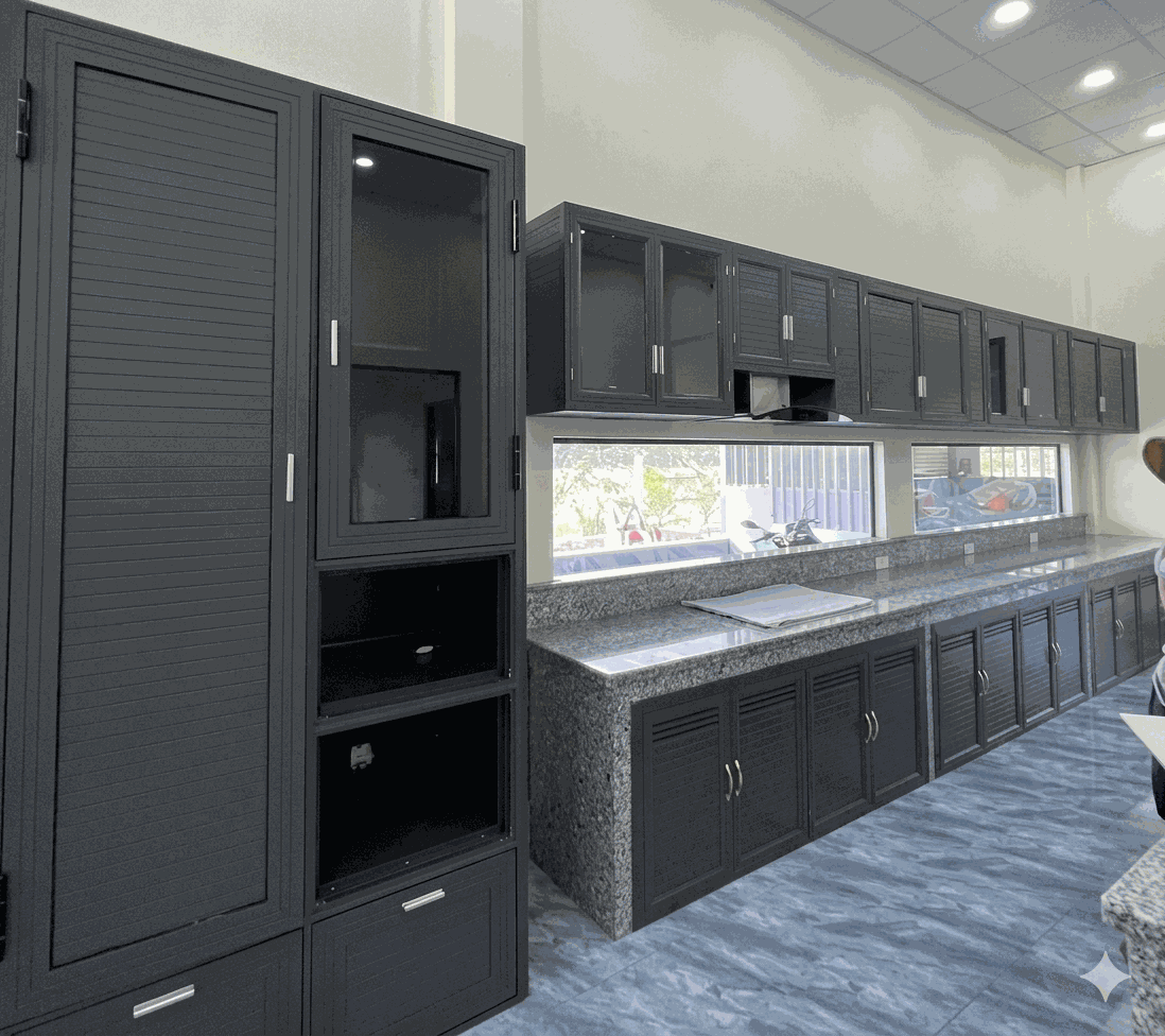 Tủ bếp nhôm kính chữ L Không gian bếp nhôm kính đẹp