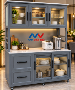 Tủ bếp nhôm di động thiết kế hiện đại cho gia đình Tủ bếp nhôm di động màu xám có ngăn kéo và tủ kính đựng nồi
