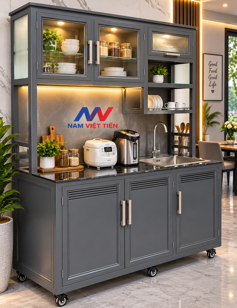 Tủ Bếp Nhôm Xingfa 11 Tủ bếp nhôm di động tích hợp bồn rửa và ngăn chứa đồ