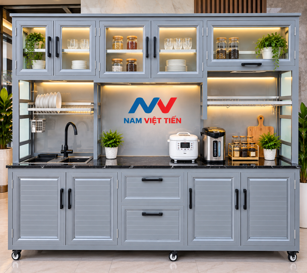 Tủ Bếp Nhôm Xingfa 1 Tủ bếp nhôm kính di động màu xám có bồn rửa và kệ úp chén tích hợp