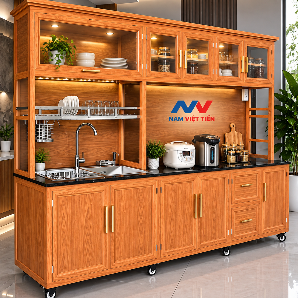 Tủ Bếp Nhôm Xingfa 7 Tủ bếp nhôm kính di động vân gỗ có bồn rửa và kệ úp chén