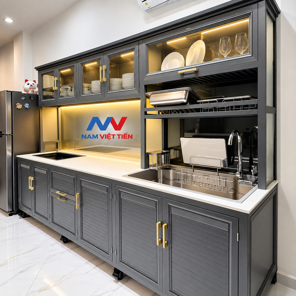 Tủ Bếp Nhôm Xingfa 2 Tủ bếp nhôm kính di động màu xám với bồn rửa và kệ để chén bát