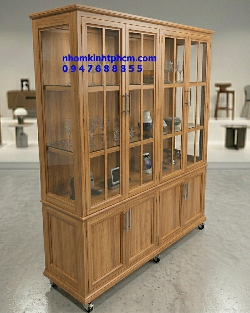 Mẫu tủ chén nhôm kính vân gỗ đẹp sang trọng theo yêu cầu