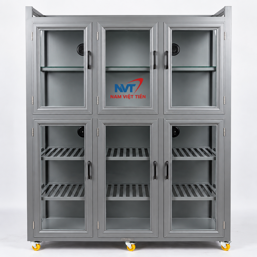 Tủ chén nhôm kính 3 cánh màu xám nhiều ngăn kệ