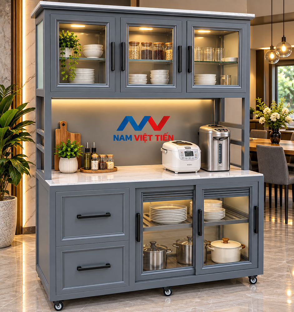 Tủ Bếp Di Động Nhôm Kính Có Bánh Xe Tủ bếp gas nhôm kính di động màu xám có bánh xe, mặt đá đặt nồi cơm điện và bình siêu tốc, ngăn kéo và tủ kính lùa đựng chén bát