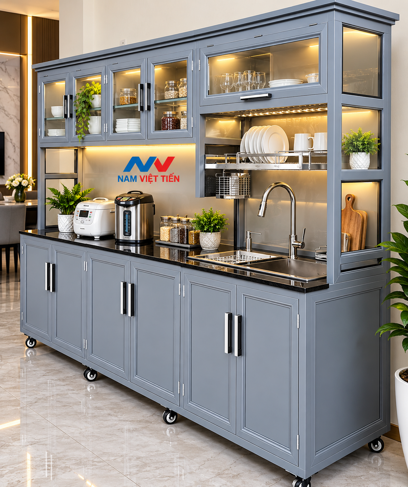 Tủ bếp nhôm kính di động có chậu rửa trang trí cây xanh