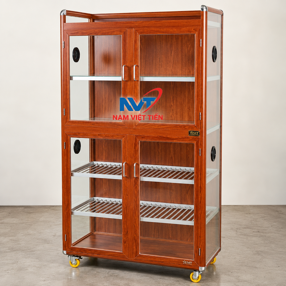 Tủ chén nhôm kính 4 cánh màu gỗ cam