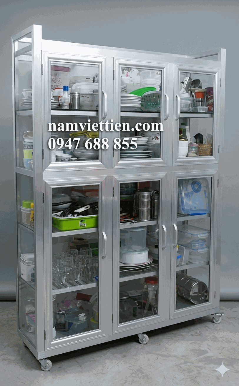 Tủ chén bát nhôm kính cường lực cao cấp theo yêu cầu