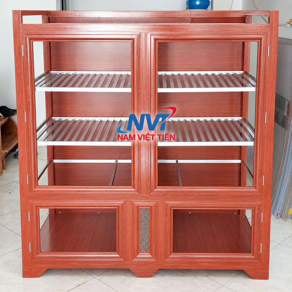 Tủ Chén Nhôm Kính Giá Rẻ 13 Tủ chén nhôm kính vân gỗ đỏ với các ngăn kệ trống