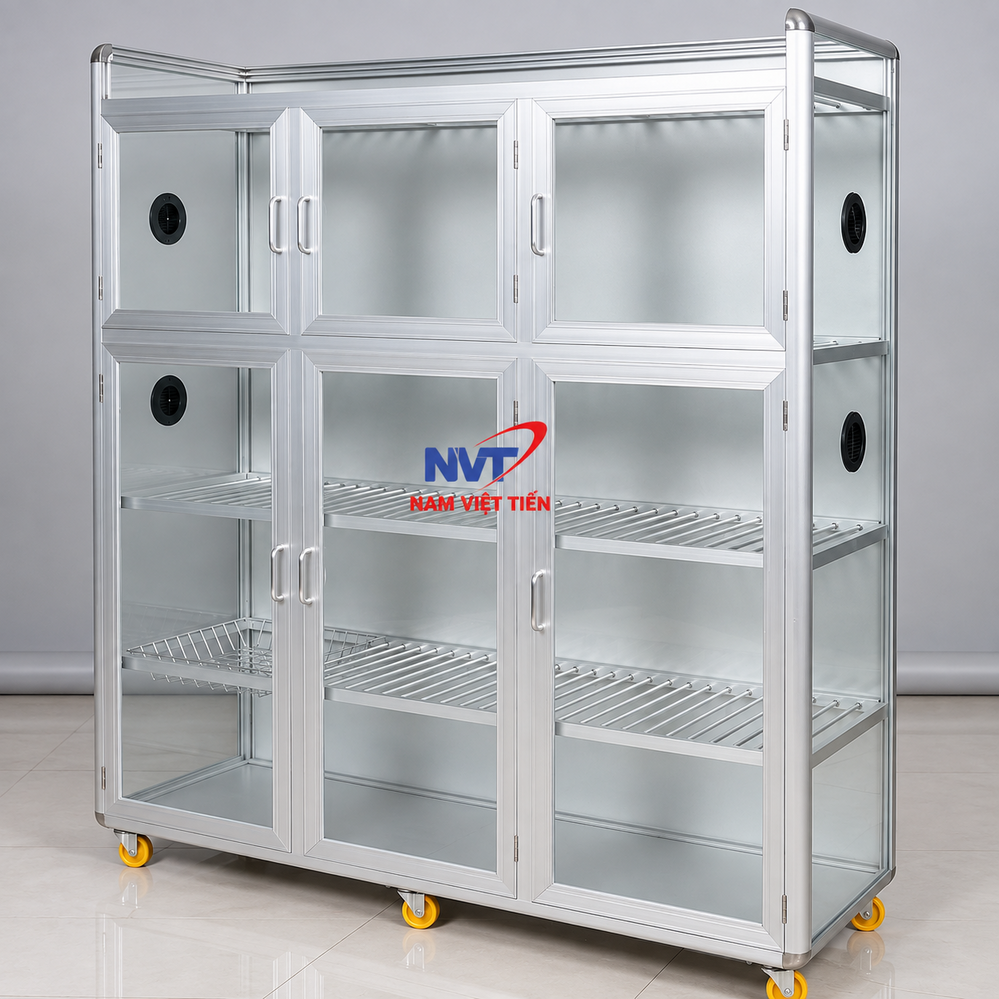 Tủ chén nhôm 6 cánh khung nhôm bạc thiết kế góc vuông