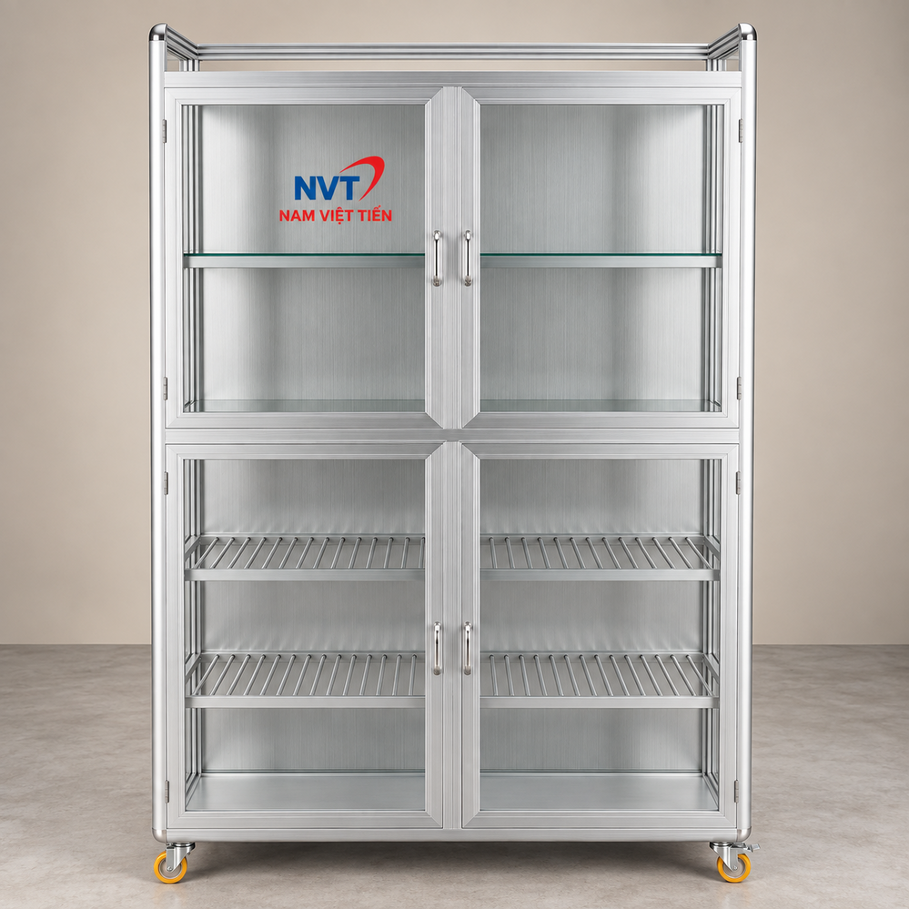 Tủ Chén Nhôm Kính Giá Rẻ 4 Tủ đứng chén nhôm kính 4 cánh màu bạc thiết kế tối giản
