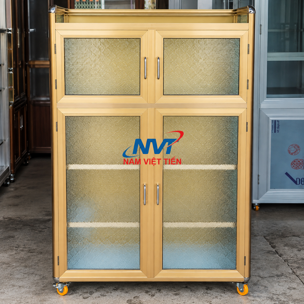 Tủ Chén Nhôm Kính Giá Rẻ 11 Tủ chén nhôm kính màu vàng đồng với mặt kính hoa văn