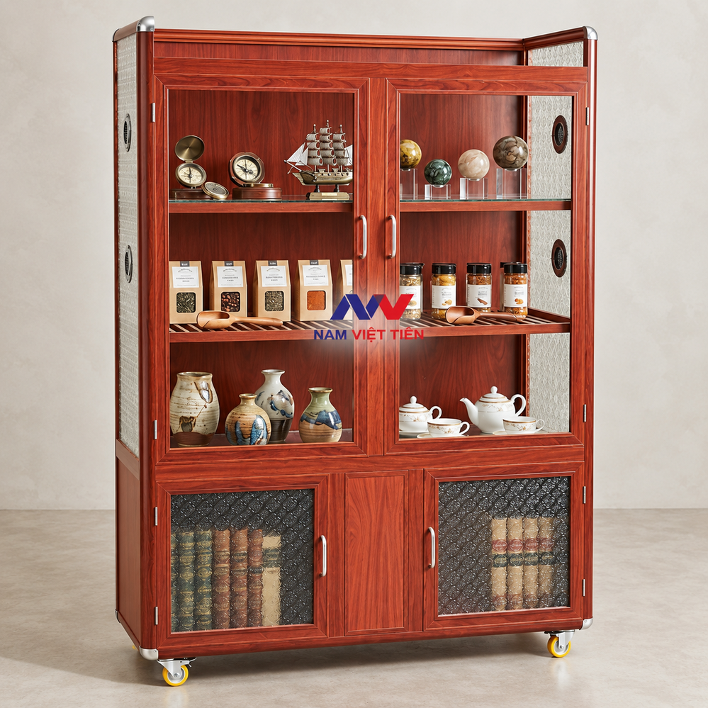 Tủ Chén Nhôm Kính Giá Rẻ 10 Tủ chén nhôm kính vân gỗ trưng bày đồng hồ, bình gốm và trà