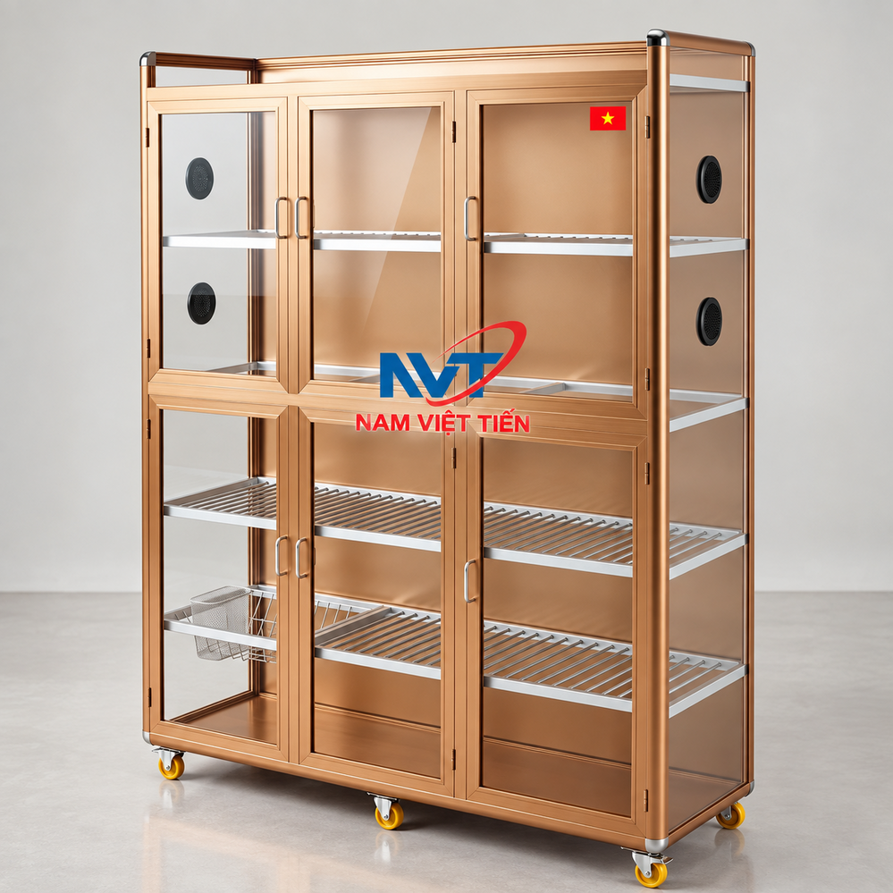 Tủ Chén Nhôm Kính Giá Rẻ 9 Tủ đứng chén nhôm kính 6 cánh màu đồng ánh kim