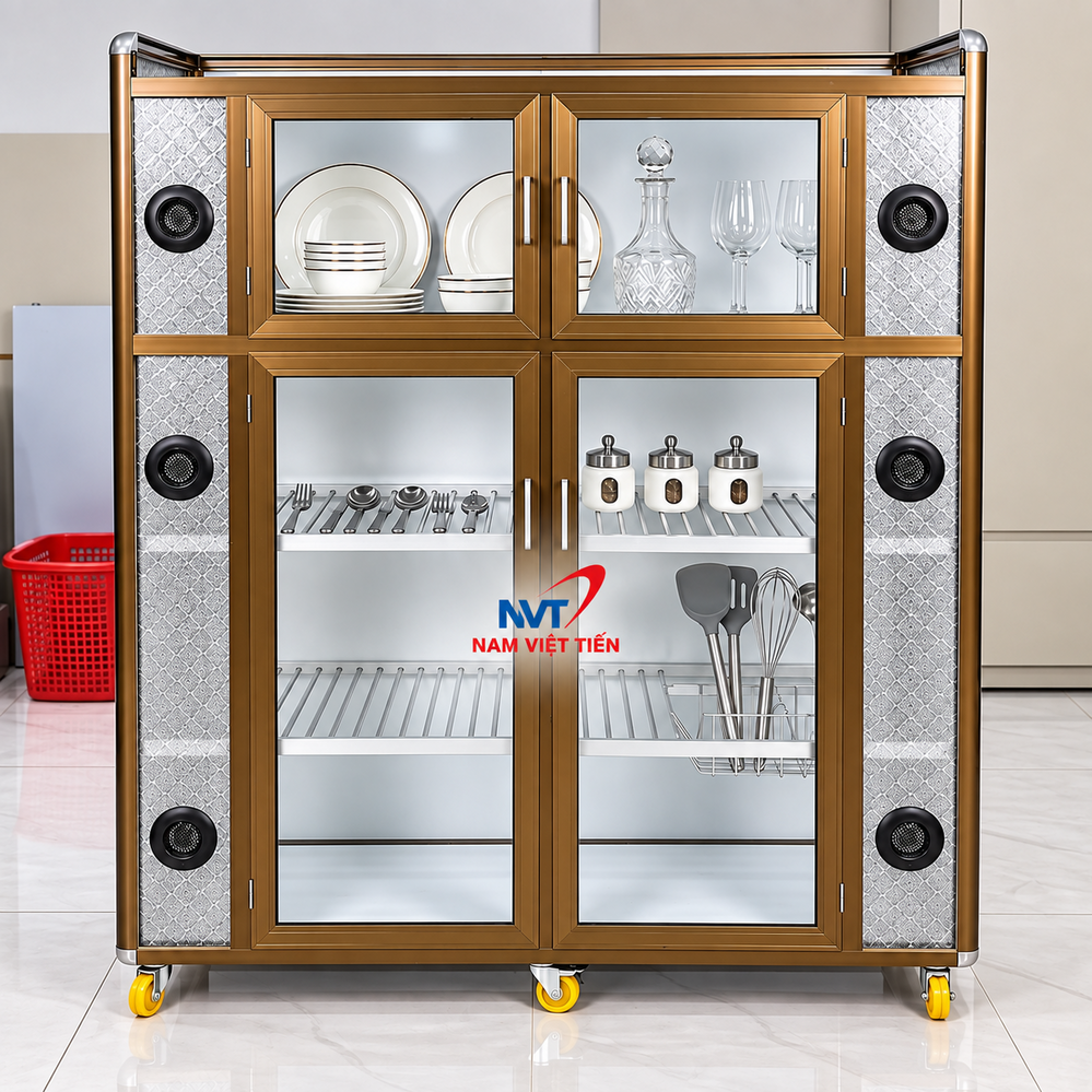 Tủ Chén Nhôm Kính Giá Rẻ 5 Tủ chén nhôm kính màu đồng trưng bày ấm trà và ly thủy tinh