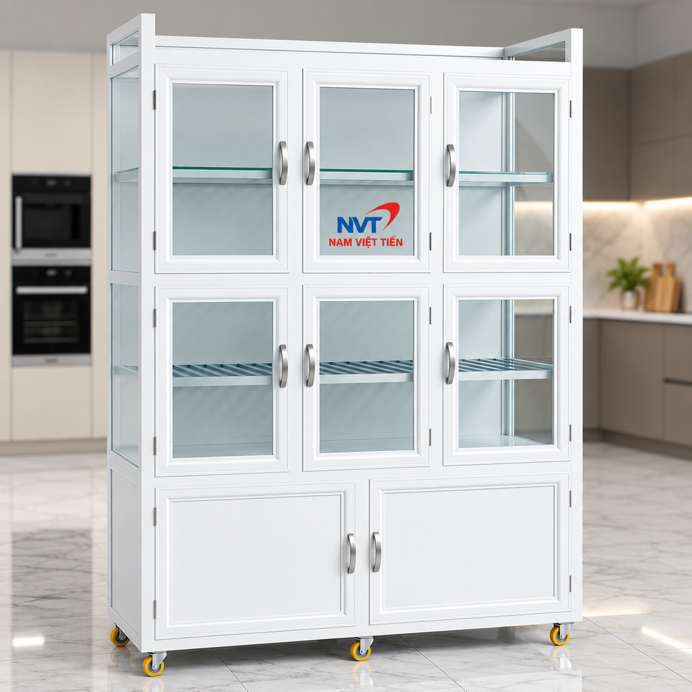Tủ chén nhôm kính màu trắng sang trọng đặt trong gian bếp hiện đại