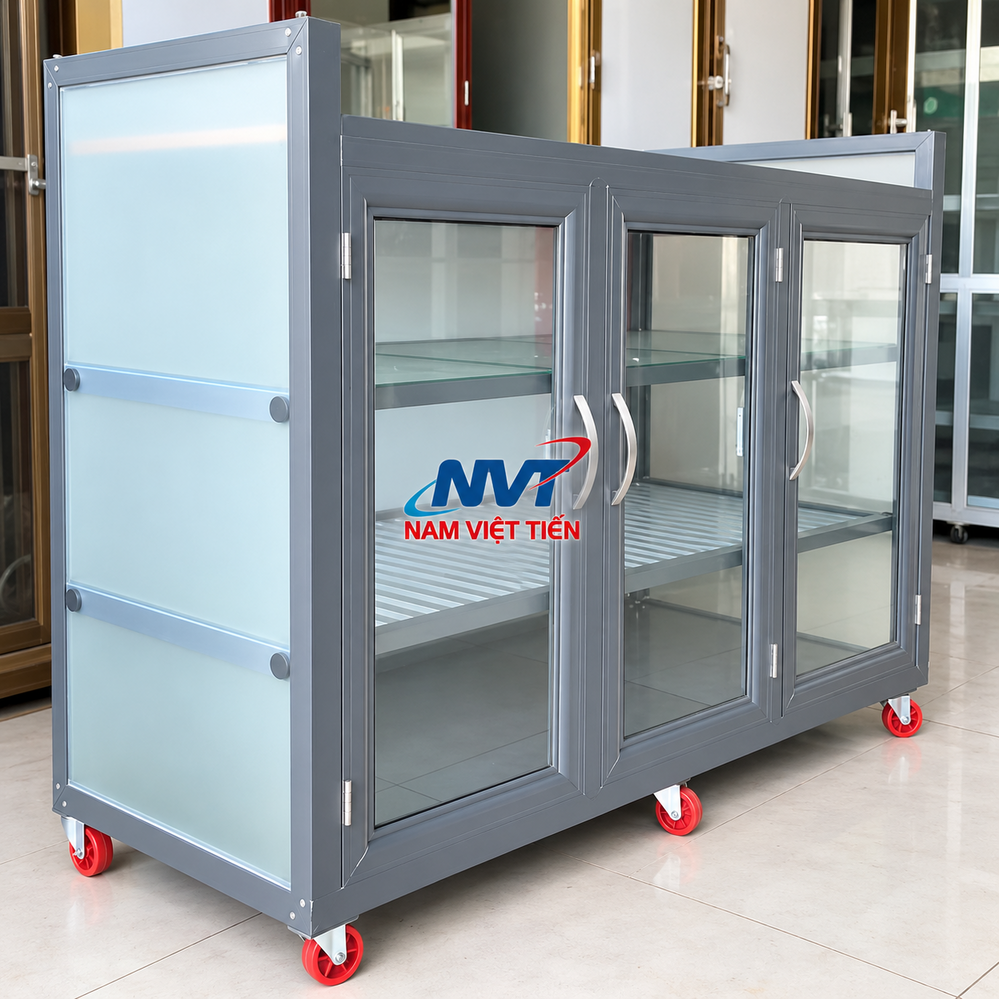Tủ Chén Nhôm Kính Giá Rẻ 8 Tủ bếp gas nhôm kính đẹp màu xám với bánh xe đỏ