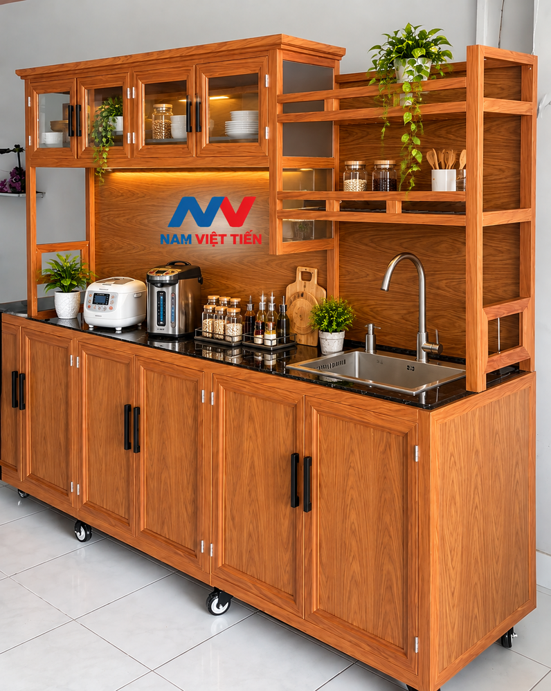 Tủ bếp nhôm kính di động vân gỗ với kệ gia vị và bồn rửa