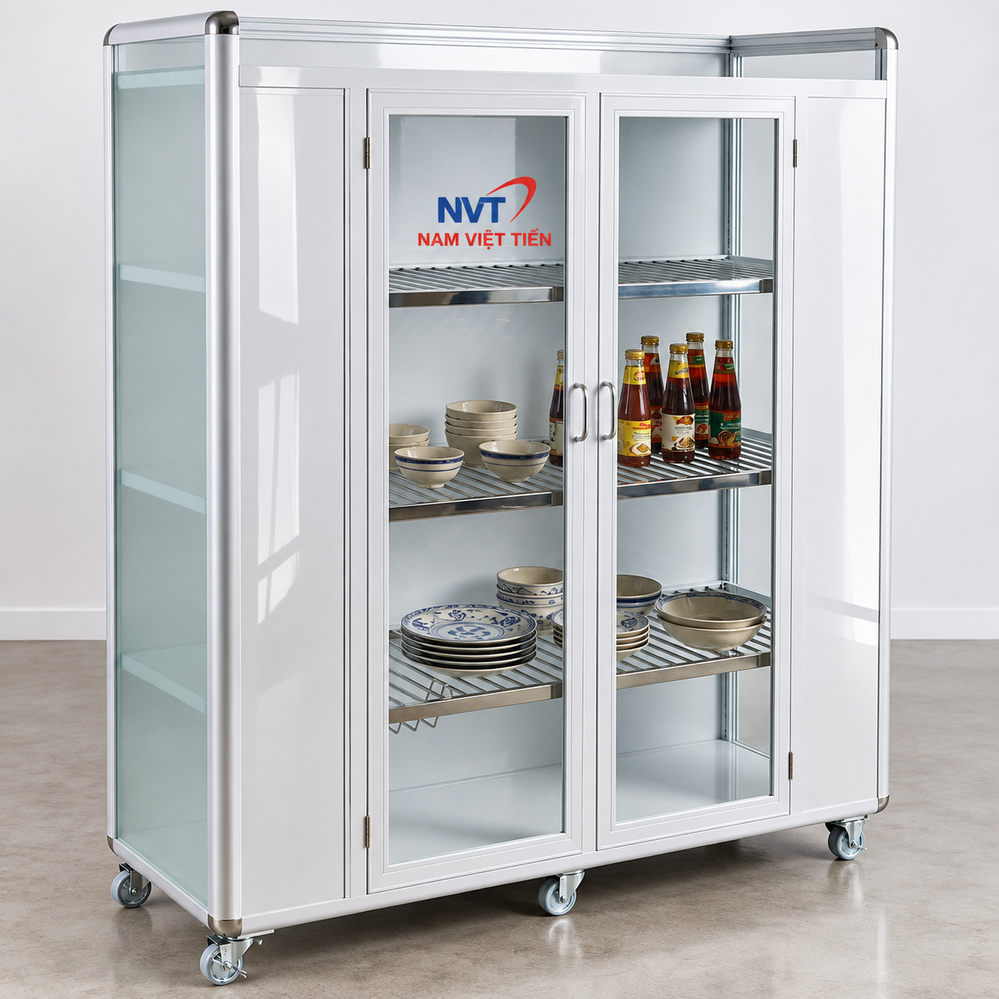 Tủ chén nhôm kính 2 cánh màu trắng với ngăn để bát và chai gia vị