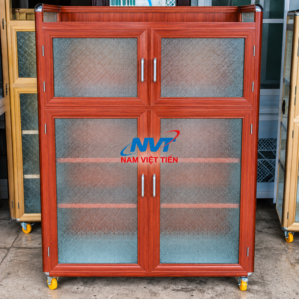 Tủ Chén Nhôm Kính Vân Gỗ Đỏ Tủ chén nhôm kính vân gỗ đỏ 4 cánh cửa kính hoa văn
