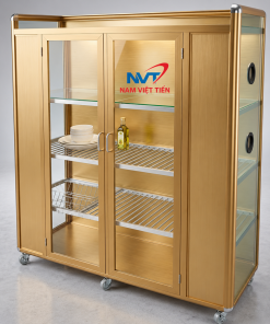 Tủ Chén Nhôm Kính Giá Rẻ 2 Tủ chén nhôm kính vàng đồng 2 cánh cửa với ngăn kệ inox