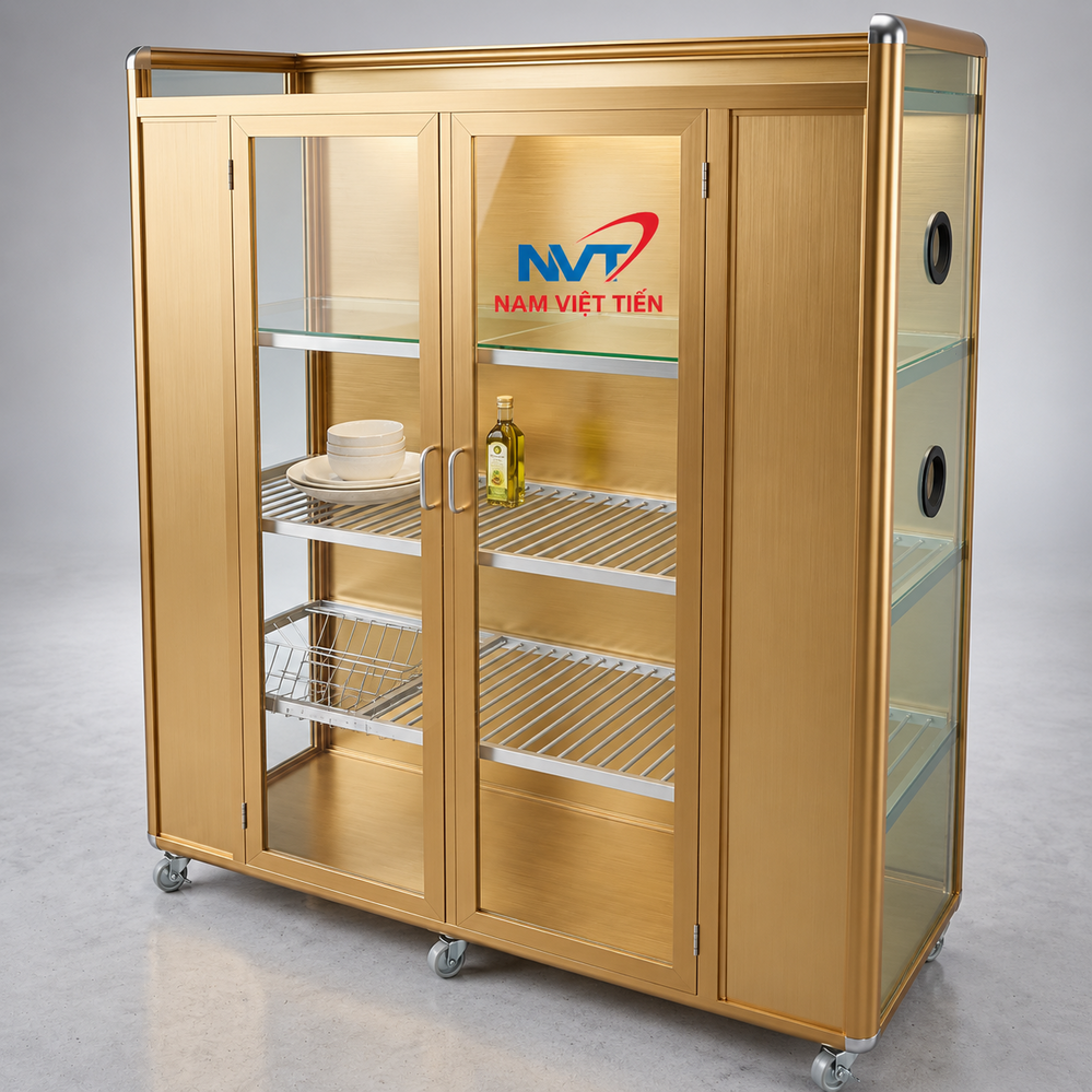 Tủ Chén Nhôm Kính Vàng Đồng Tủ chén nhôm kính vàng đồng 2 cánh cửa với ngăn kệ inox