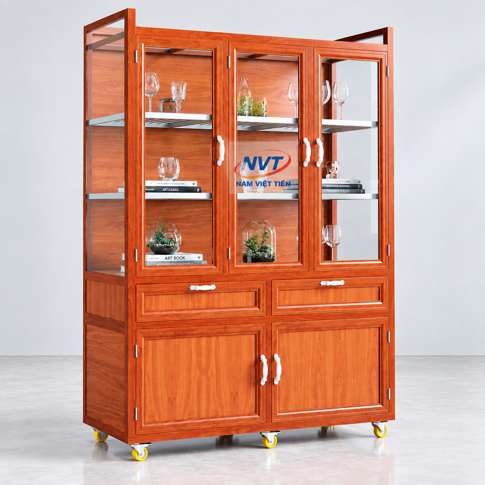 Tủ chén nhôm kính vân gỗ 3 cánh có ngăn kéo