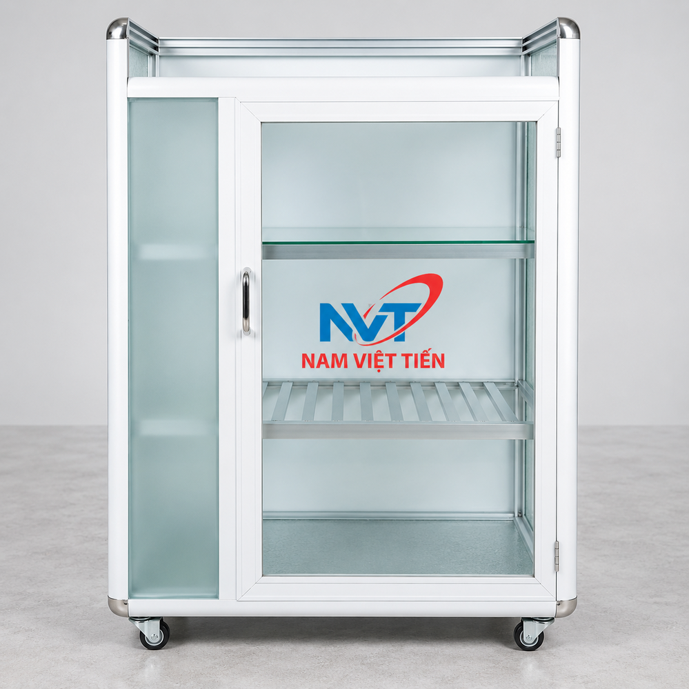 Tủ chén nhôm kính mini 5 Tủ chén nhôm Xingfa đẹp màu trắng bạc dáng đứng gọn