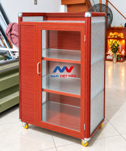 Tủ chén nhôm kính mini 3 Tủ đứng chén nhôm kính vân gỗ đỏ dáng đứng cao