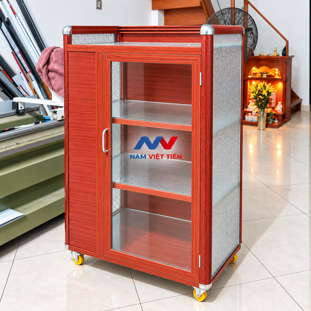 Tủ chén nhôm kính mini 4 Tủ đứng chén nhôm kính vân gỗ đỏ dáng đứng cao
