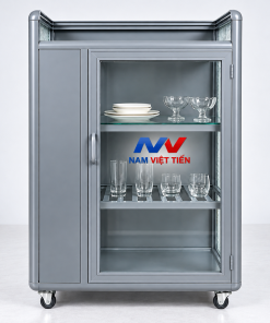 Tủ đứng chén nhôm Xingfa nhỏ màu xám trưng bày ly và đĩa