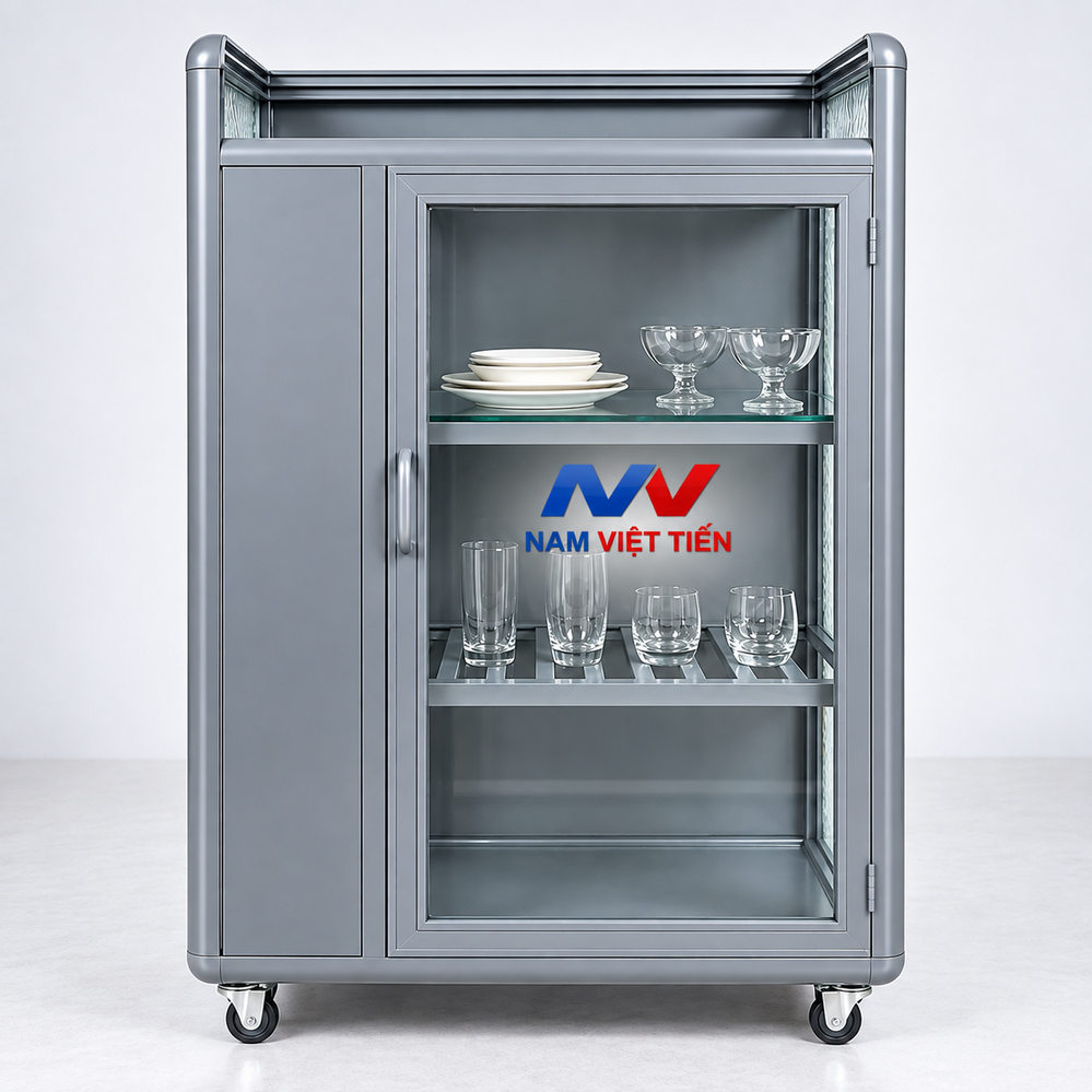 Tủ Đứng Chén Nhôm Xingfa Nhỏ Tủ đứng chén nhôm Xingfa nhỏ màu xám trưng bày ly và đĩa