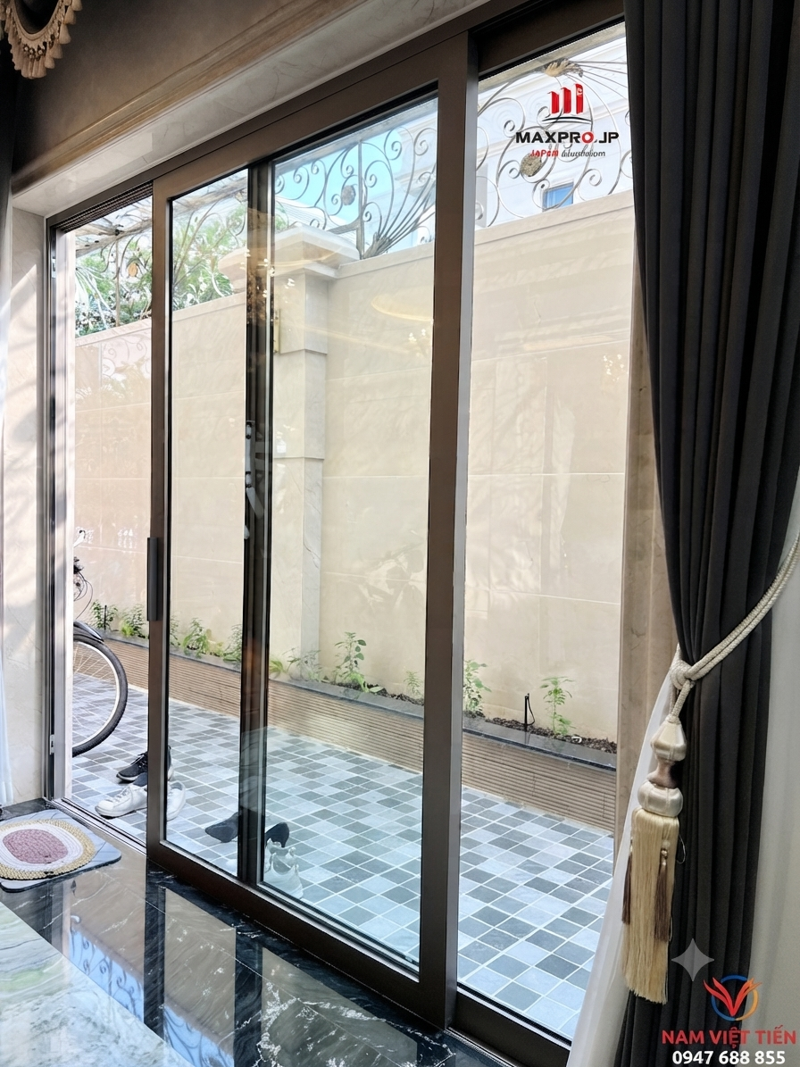 Cửa đi nhôm Maxpro 4 cánh mặt tiền Mẫu cửa đi nhôm Maxpro 4 cánh dùng cho biệt thự và showroom