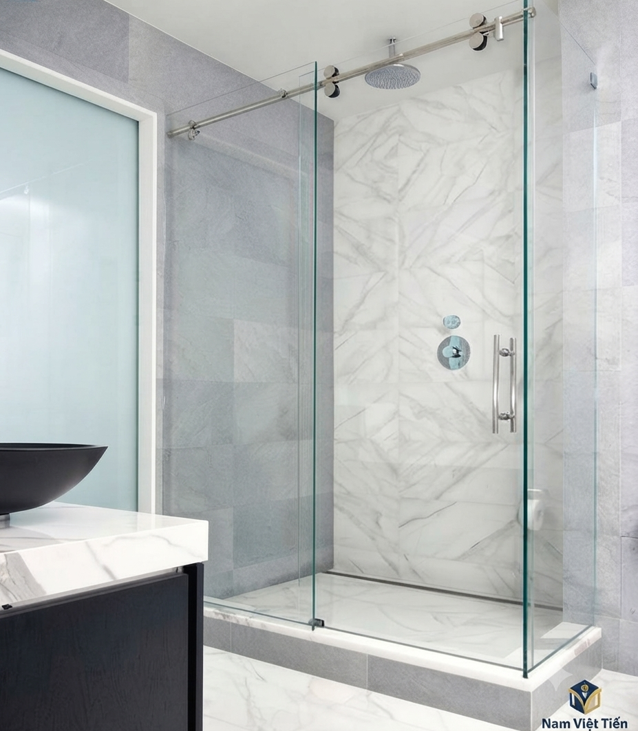 Vách tắm kính cửa lùa Phòng tắm kính cường lực dễ vệ sinh