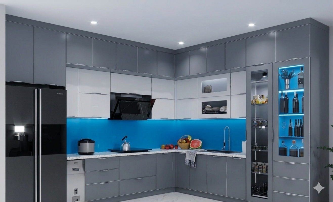 Tủ bếp nhôm kính cánh kính cường lực Tủ bếp nhôm kính cánh kính cường lực